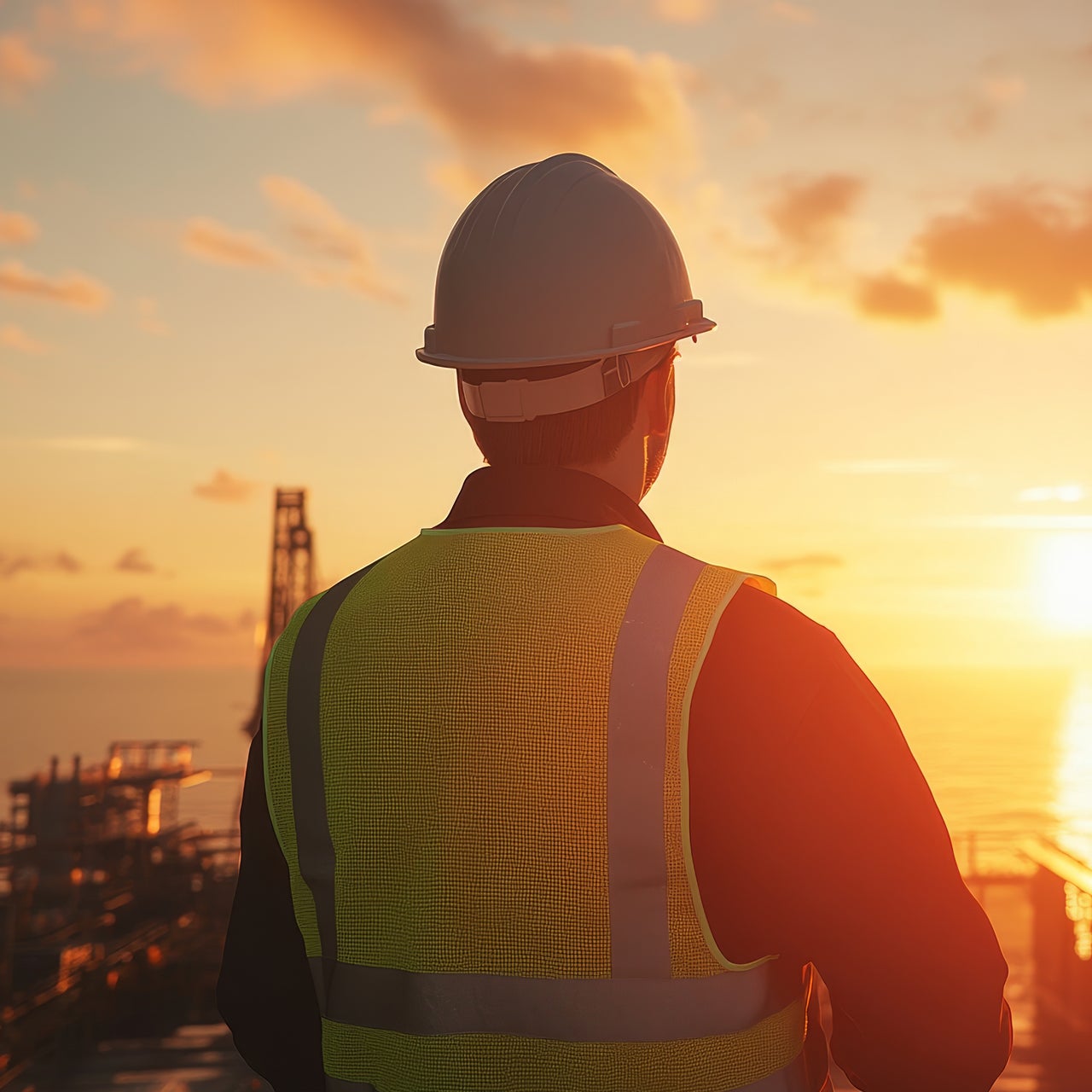 Silhouette of an engineer or a construction worker in safety gear standing on a roof.